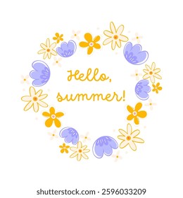 Bright Floral Wreath with Yellow and Purple Flowers Hello Summer Digital Design