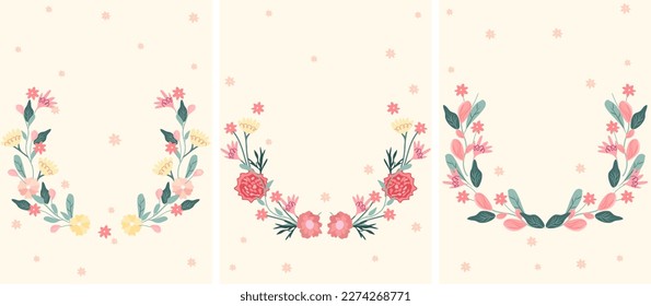 Bright floral wreaths on a pastel background. Blooming colored flowers as a symbol of happiness, joy, love. Spring wreaths are ideal for invitations, cards, banners, weddings. Vector illustration