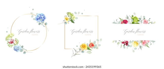 Bright florals and gold lines vector frames. Hand painted branches, flowers, leaves on white backgrounds. Spring wedding invitations. Easter watercolor cards. All elements are isolated and editable