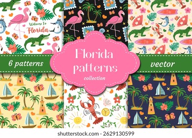 Bright Florida-inspired vector patterns with flamingos, alligators, palm trees, butterflies and sailboats. Perfect for kids design, travel posters and summer packaging