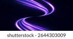 Bright Flow of light lines with purple glow and bend. Suitable for futuristic themes, interfaces and abstract backgrounds.