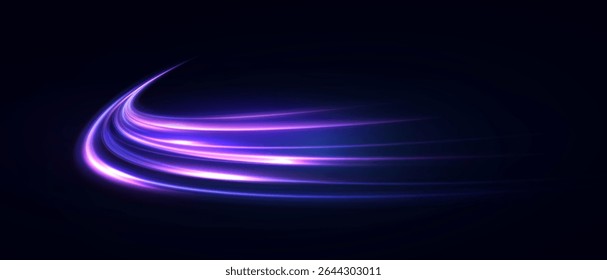 Bright Flow of light lines with purple glow and bend. Suitable for futuristic themes, interfaces and abstract backgrounds.