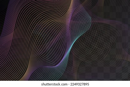 Fondo transparente del vector de sonido de flujo brillante. Diseño de energía de línea de color. Patrón gráfico de curva. Folleto geométrico de ondas de neón.