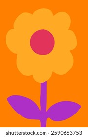 Bright flower against a vibrant background with leaf, design in cutout style. Hand-drawn simple botanical illustration