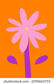 Bright flower against a vibrant background with leaf, design in cutout style. Hand-drawn simple botanical illustration