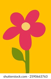 Bright flower against a vibrant background with leaf, design in cutout style. Hand-drawn simple botanical illustration