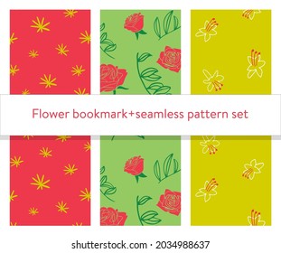 Bright flower bookmark and seamless pattern set.