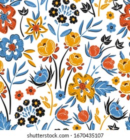 Bright Flower Bouquet Of Wildflowers. Vector Floral Seamless Pattern. Beautiful Flowers And Leaves Colorful Background. Ditsy Floral Print. Summer And Spring Nature Wallpaper