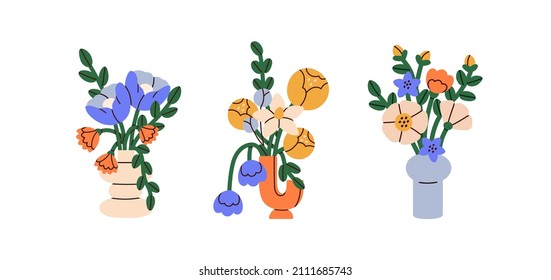 Bright flower bouquets set. Blossomed floral bunches in modern vases. Summer blooms, romantic gifts. Showy garden flora posies. Colored flat graphic vector illustrations isolated on white background