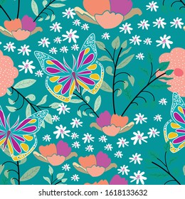 Bright flower and butterflies seamless pattern design. Can use for print, template, fabric, presentation, textile, banner, poster, wallpaper