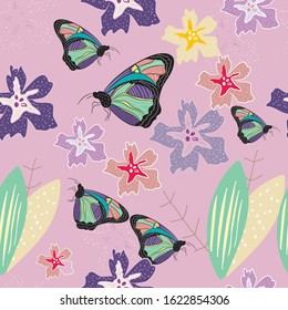 Bright flower and butterflies seamless pattern design. Can use for print, template, fabric, presentation, textile, banner, poster, wallpaper