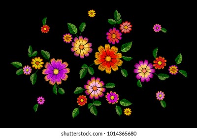 Bright flower embroidery colorful patch. Fashion decoration stitched texture template. Ethnic traditional daisy field plant leaves textile print design vector illustration