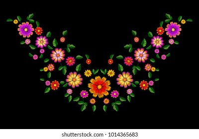 Bright flower embroidery colorful patch. Fashion decoration stitched texture template. Ethnic traditional daisy field plant leaves textile print design vector illustration