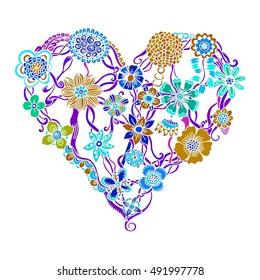 Bright flower heart, psychedelic doodles. Vector illustration, isolated on white