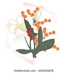 Bright flower with leaves, floral bouquet on an abstract background.