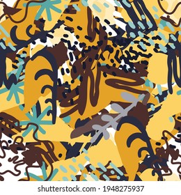 Bright Flower Paint Vector Seamless Pattern. Spring Patchwork Design. White And Brown Artistic Collage. Cartoon Doodle Illustration.