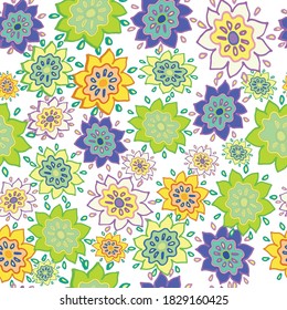 Bright flower pattern on a white background. Red, green, yellow, grove, lilac flowers create a pattern. printing on bed linen, clothing, wrapping paper.