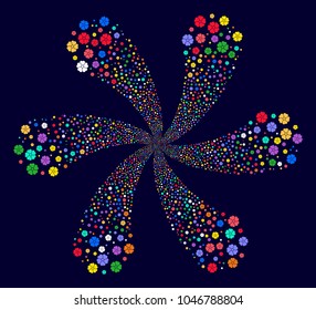 Bright Flower rotation motion on a dark background. Psychedelic flower with six petals designed from random flower symbols.
