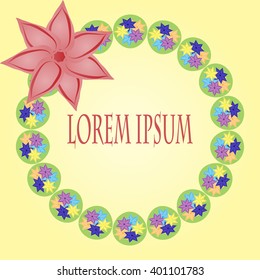 Bright flower round frame with a flower on a yellow background. Space for your text.