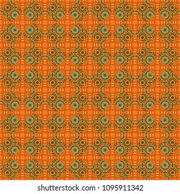 Bright flower. Seamless pattern illustration for design. Abstract kaleidoscope green, brown and orange background. Vector illustration.