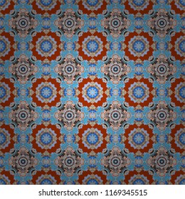 Bright flower. Seamless pattern illustration for design. Vector illustration. Abstract kaleidoscope orange, gray and blue background.