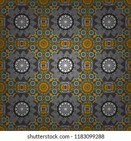 Bright flower. Seamless pattern illustration for design. Abstract kaleidoscope blue, gray and brown background. Vector illustration.