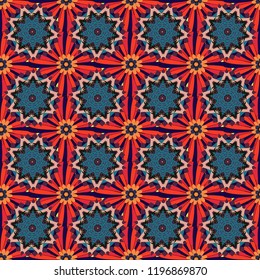 Bright flower. Seamless pattern illustration for design. Vector illustration. Abstract kaleidoscope brown, red and blue background.