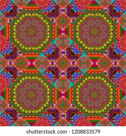 Bright flower. Seamless pattern illustration for design. Vector illustration. Abstract kaleidoscope red, green and purple background.