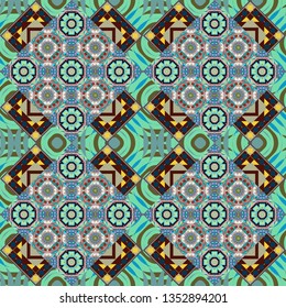 Bright flower. Seamless pattern illustration for design. Abstract kaleidoscope blue, brown and green background. Vector illustration.