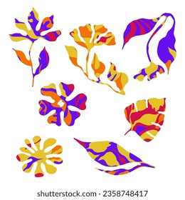 Formas de flor brillante y conjunto de vectores de elementos de diseño de garabatos. Flora y planta de jardín