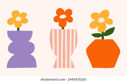 Bright flower in vase vector clipart. Trendy paper cut floral illustration set. Flat botanical elements