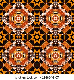 Bright flower. Vector illustration. Abstract kaleidoscope black, orange and brown background. Seamless pattern illustration for design.
