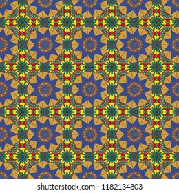 Bright flower. Vector illustration. Abstract kaleidoscope yellow, violet and blue background. Seamless pattern illustration for design.