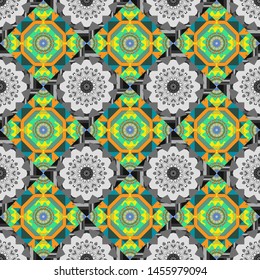 Bright flower. Vector illustration. Seamless pattern illustration for design. Abstract kaleidoscope yellow, green and gray background.