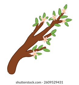 A bright flowering branch. Vector illustration in cartoon style. Cute doodle icon for spring greeting card. Leaves with flowers. Highlighted on a white background.