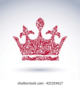 Bright flower-patterned majestic crown, best for use in graphic design. Classic royal vector symbol filled with abstract flowers and leaves, king accessory.
