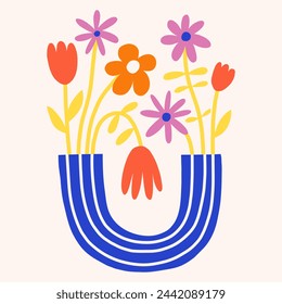 Helle Blumen Bouquet in Vase Vektor Clipart. Trendige Papier geschnitten Blumenillustration. Flache botanische Elemente