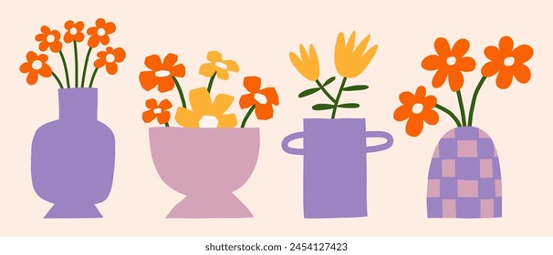 Bright flowers bouquet in vases vector art set. Trendy groovy floral illustration. Flat botanical elements