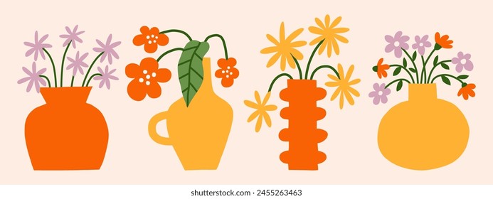Bright flowers bouquet in vases vector art set. Trendy groovy floral illustration. Flat botanical elements