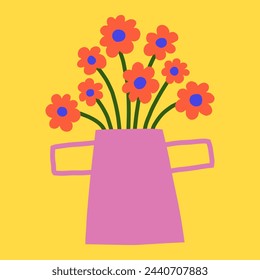 Bright flowers in bucket vector clipart. Trendy paper cut floral illustration. Flat botanical print