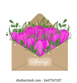 
bright flowers in a craft envelope with the inscription spring