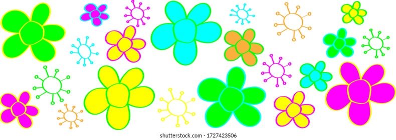 Bright flowers in doodle style, template for children's cover or screensaver. Beautiful pattern with simple design, background for wallpaper.