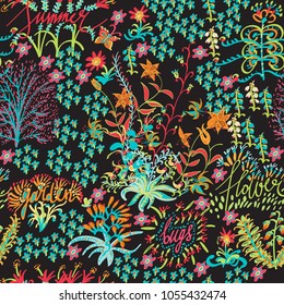 Bright flowers in the garden seamless pattern on black. With the inscriptions: summer, bugs, flower. Sketch style.