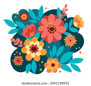 Bright flowers illustration for greeting card, banner, invitation. Spring flowers and leaves with decorative elements. Colorful garden flowers. Floral illustration isolated on white background.