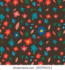 Bright flowers and leaves on dark background