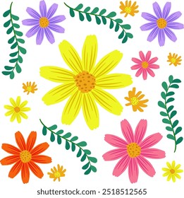Bright flowers and leaves on white background