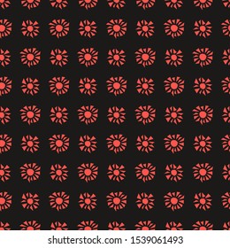 Bright flowers on a black background of red triangles, seamless pattern for fabric and other surfaces. red and black