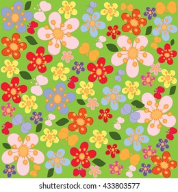 bright flowers on a green background, seamless pattern, vector illustration