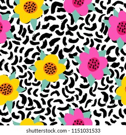 Bright flowers on a hand drawn black and white background
