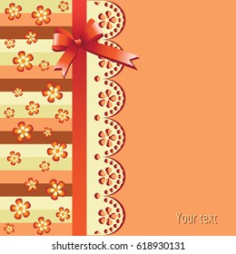 Bright flowers on a striped background. Composition with lace edging and a satin ribbon with a bow. Invitations, cards. Design for textiles, fabrics, packaging, children's products. Vector